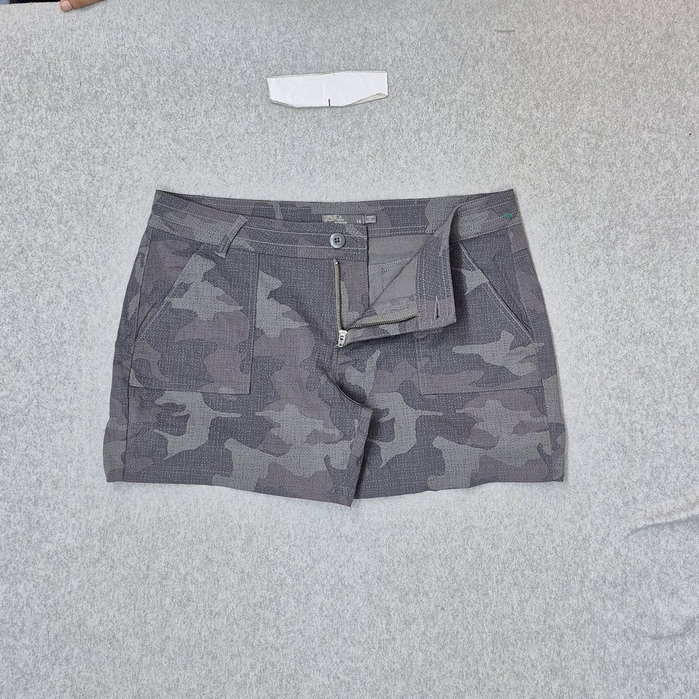 Prana Women Shorts 14 Gray Cargo Camouflage Button Zipper 3" Inseam Outdoor